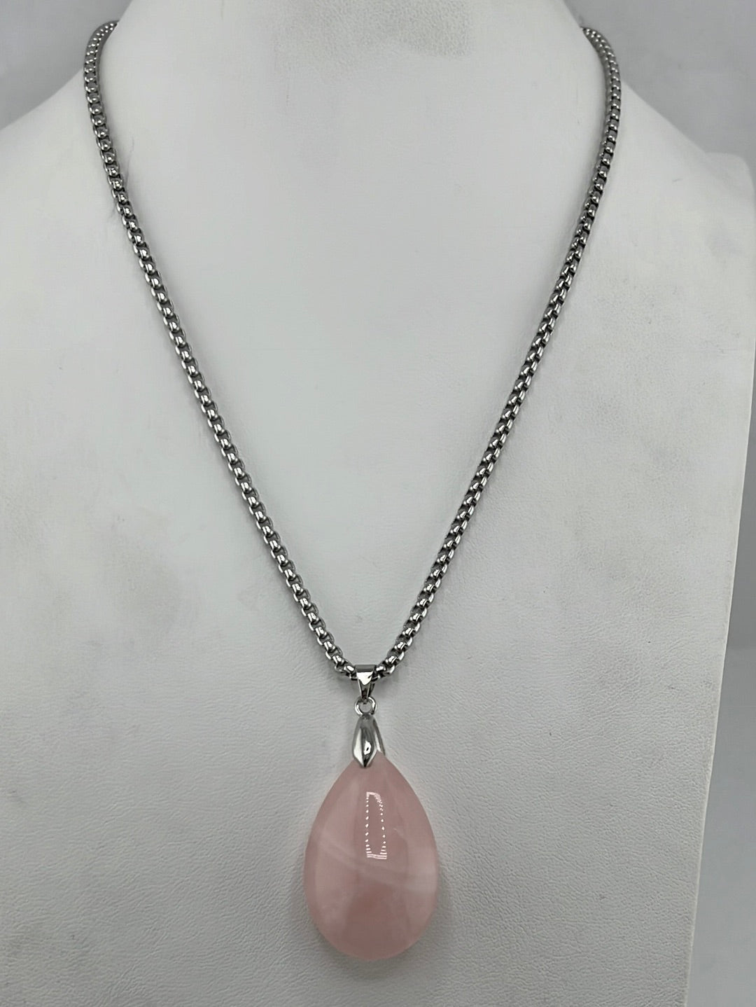 Stainless Steel Rose Quartz Teardrop Necklaces