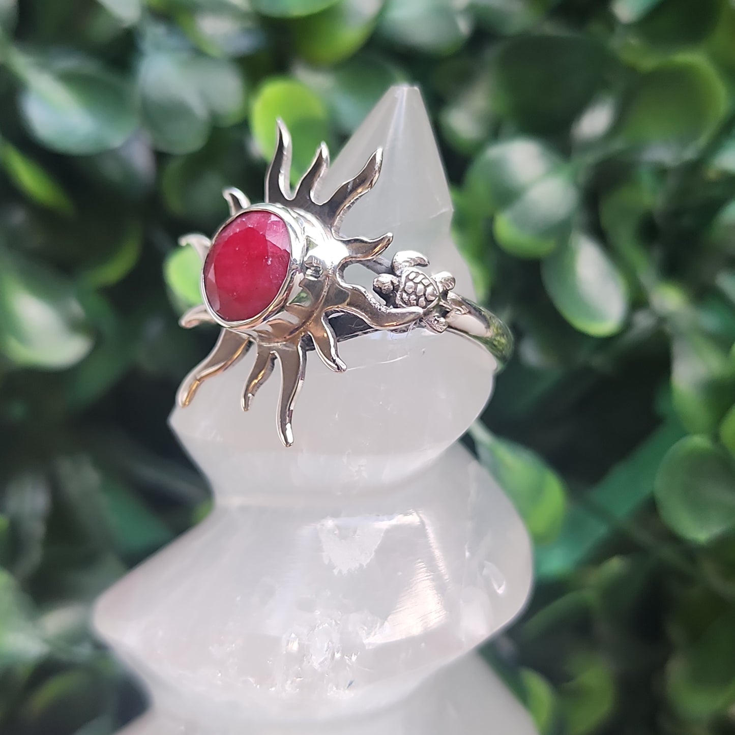 Sterling silver ruby sun ring available at wholesale and retail prices, only at our crystal shop in San Diego!