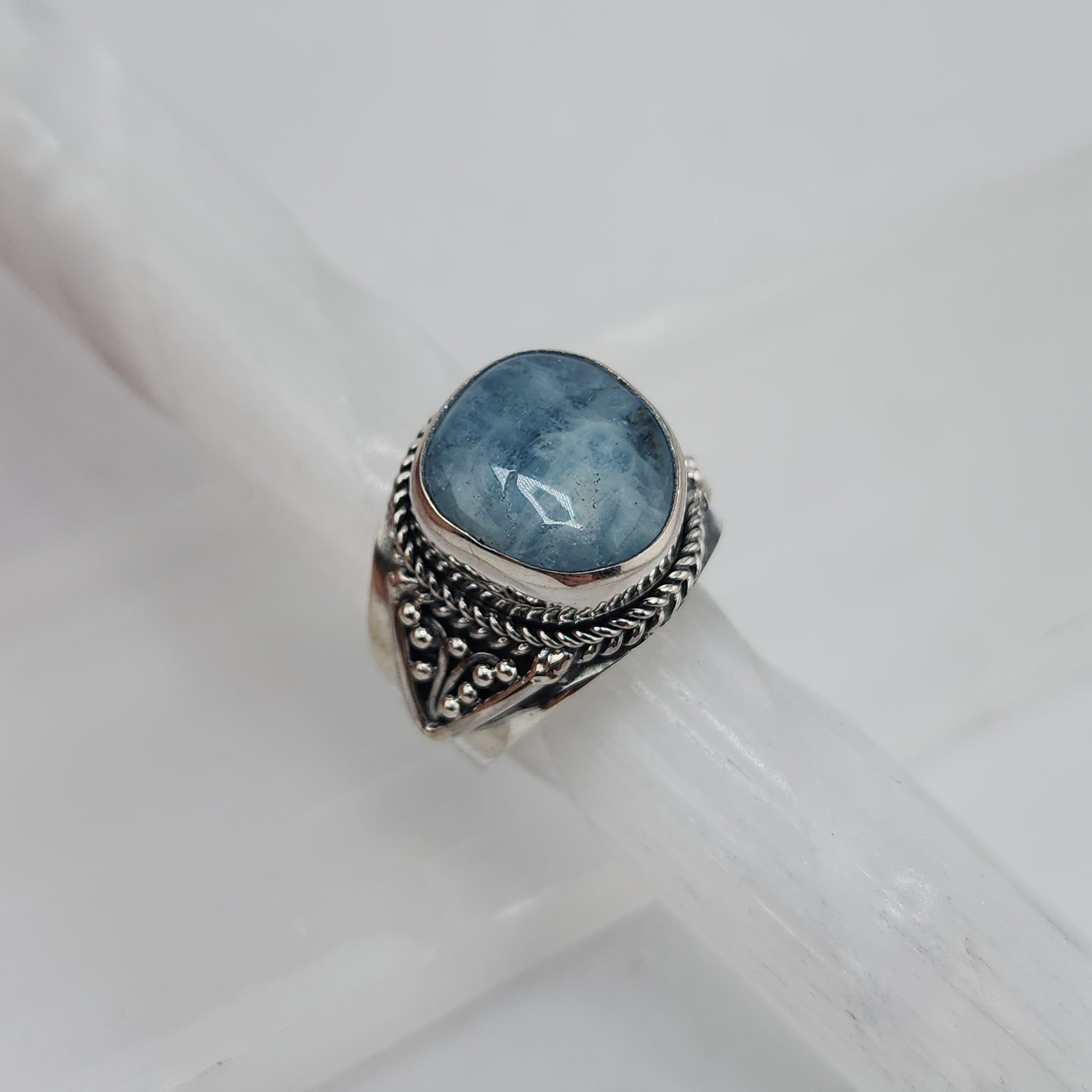 Sterling silver aquamarine ring designed by Shlomo available at wholesale and retail prices, only at our crystal shop in San Diego!