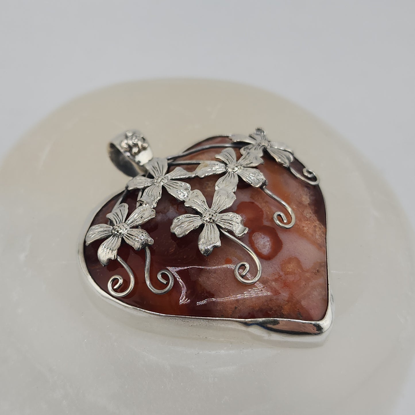 S.S. Shlomo Red Flower Agate Heart Pendant