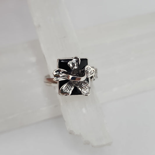 S.S. Shlomo Black Onyx and Herkimer Diamond Flower Rings