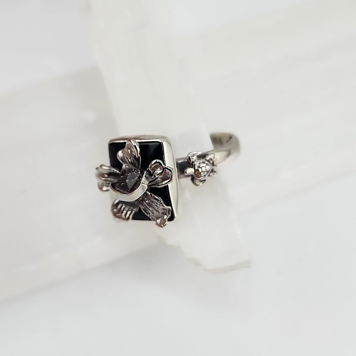 S.S. Shlomo Black Onyx and Herkimer Diamond Flower Rings