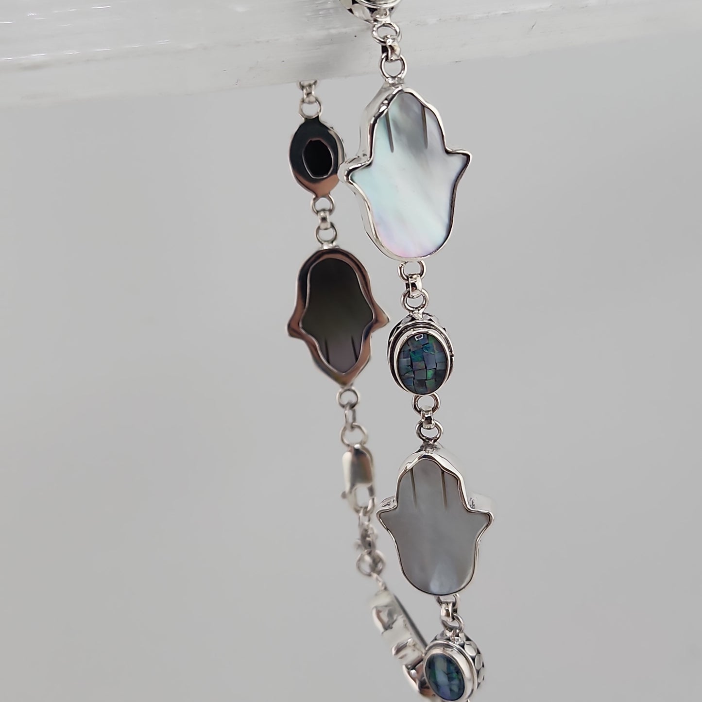 S.S. AAA Grade Mother of Pearl and Australian Opal Hamsa Bracelets