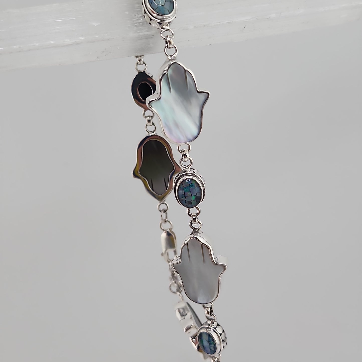 S.S. AAA Grade Mother of Pearl and Australian Opal Hamsa Bracelets