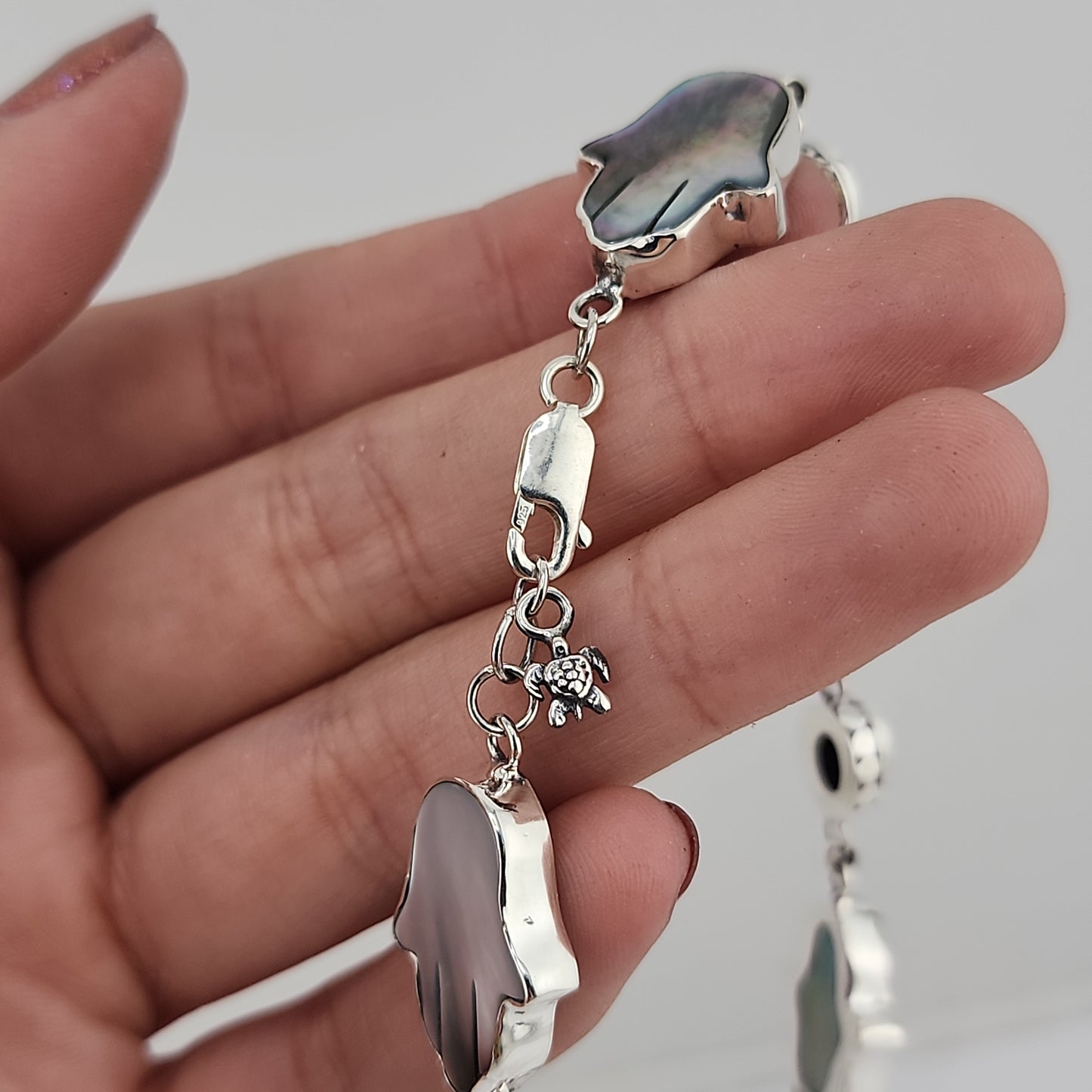 S.S. AAA Grade Mother of Pearl and Australian Opal Hamsa Bracelets