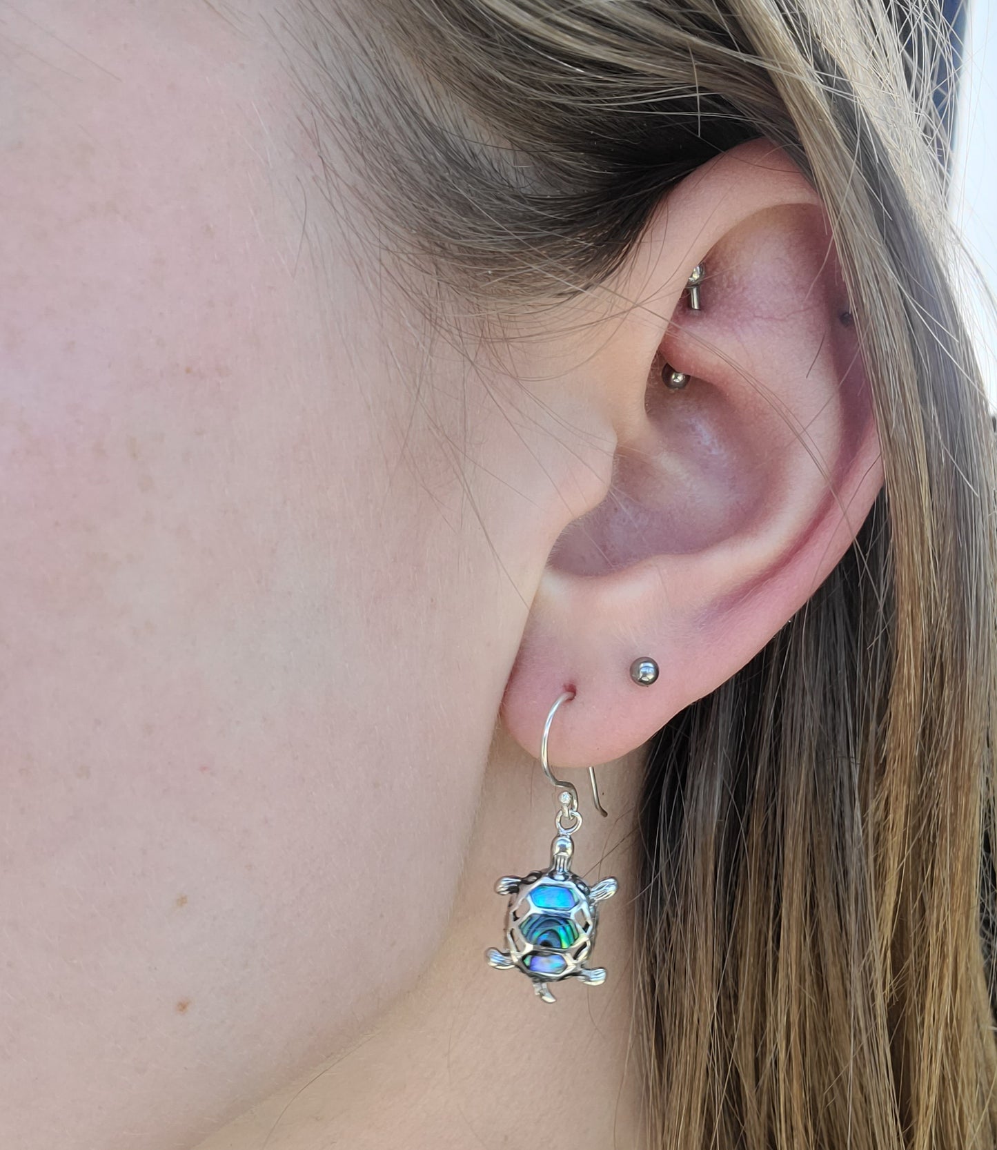 Sterling silver abalone turtle earrings available at wholesale and retail prices, only at our crystal shop in San Diego!