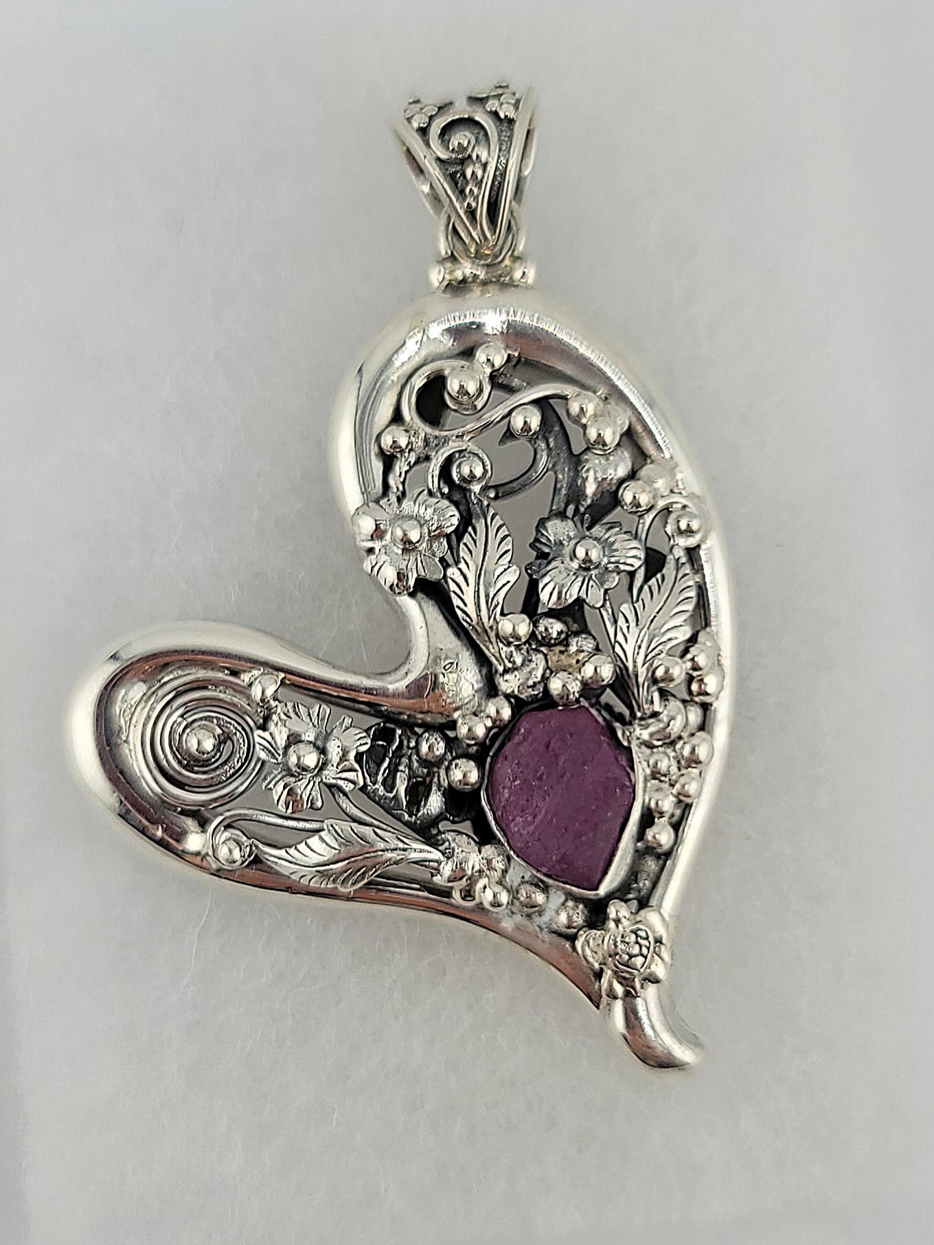 S.S. Shlomo Ruby Flower Heart Pendant