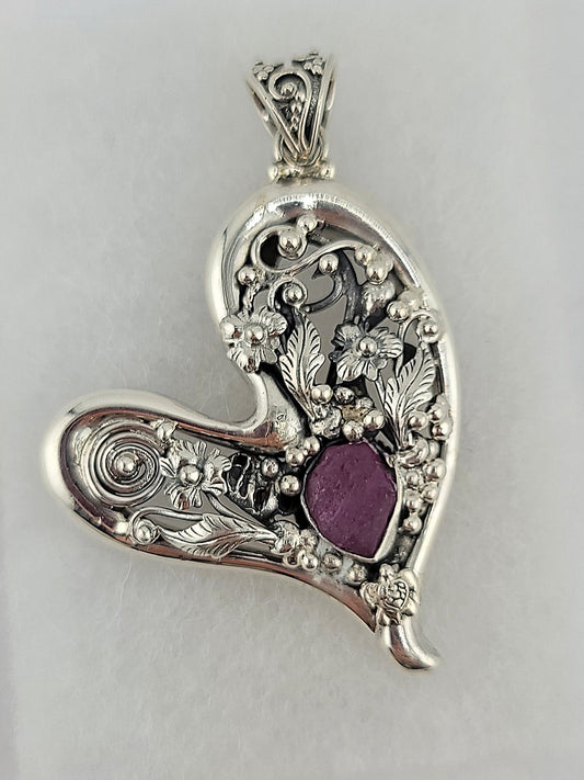 S.S. Shlomo Ruby Flower Heart Pendant