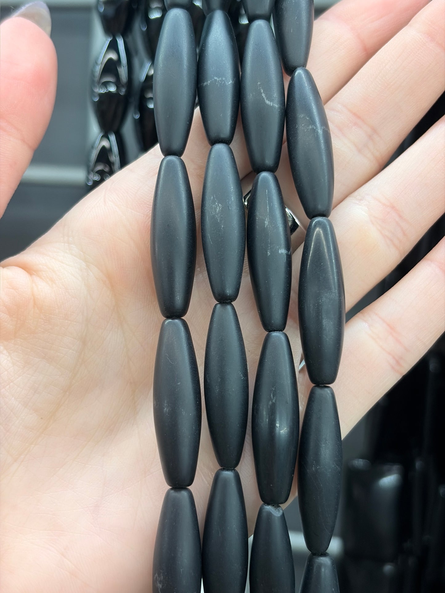 Matte Black Onyx Long Rice Beads