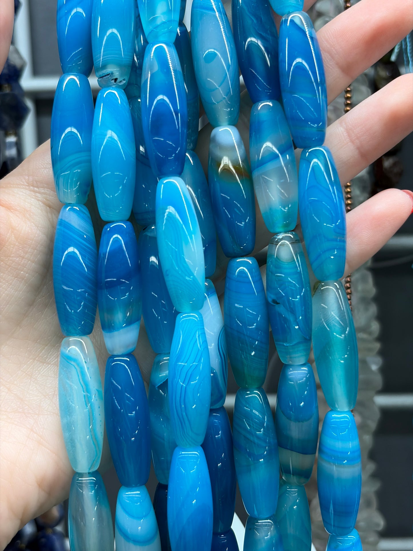 Blue Banded Agate Barrel Beads
