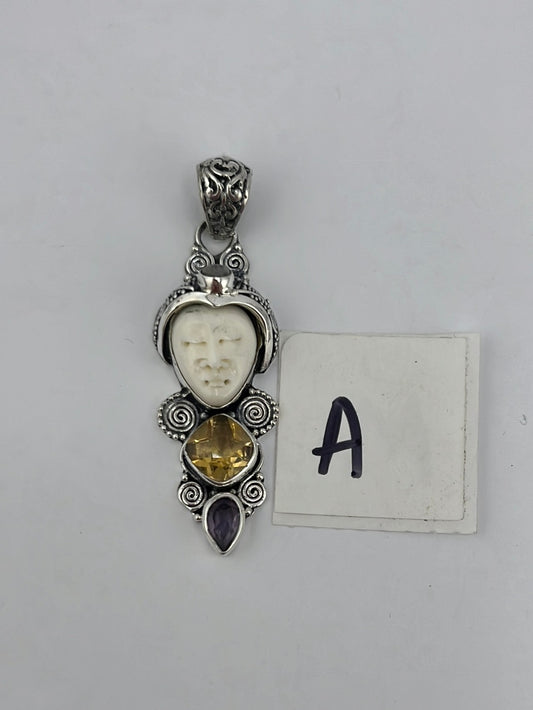 Goddess moon face pendant in gems and sterling silver
