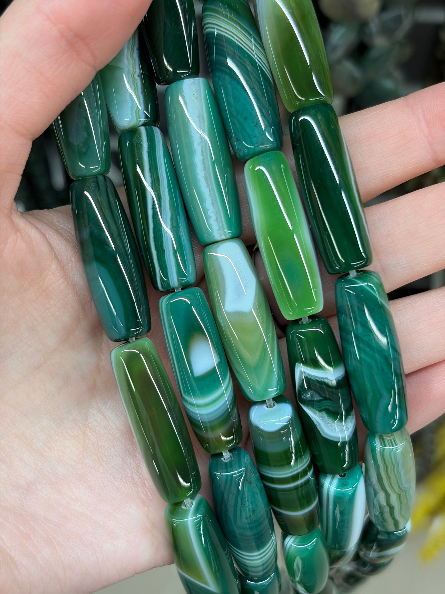 Green Banded Agate Barrel Beads