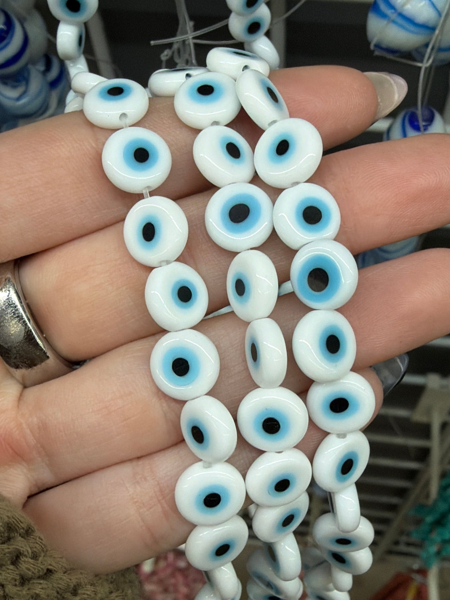 Flat White Evil Eye Beads