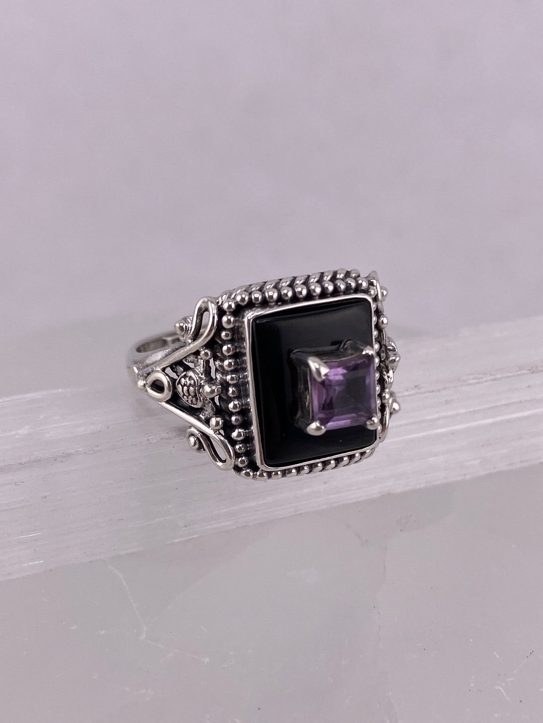 S.S. Shlomo Faceted Amethyst and Onyx Rings
