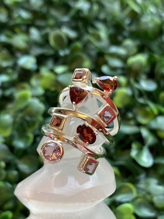 garnet multi layer ring in Sterling Silver