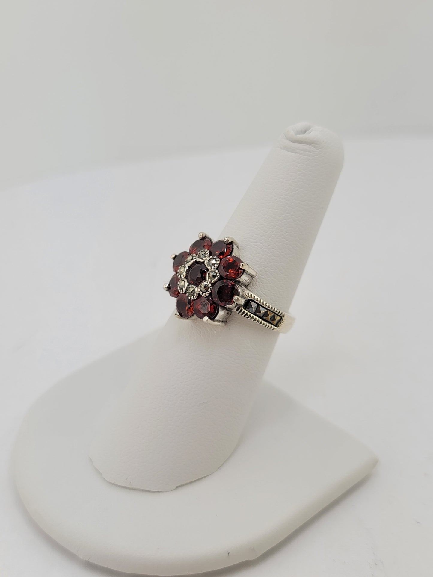 S.S. Garnet and Marcasite Poinsettia Rings