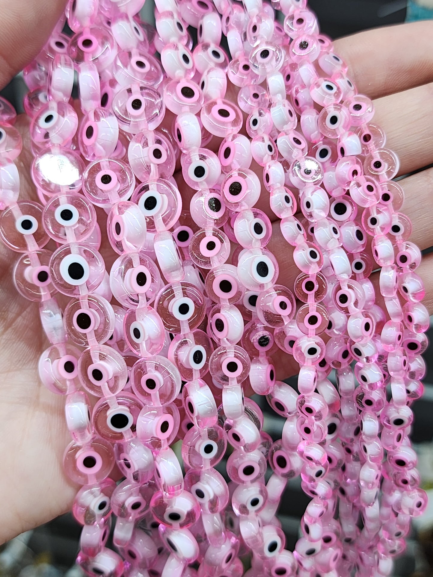 Flat Pink Evil Eye Beads