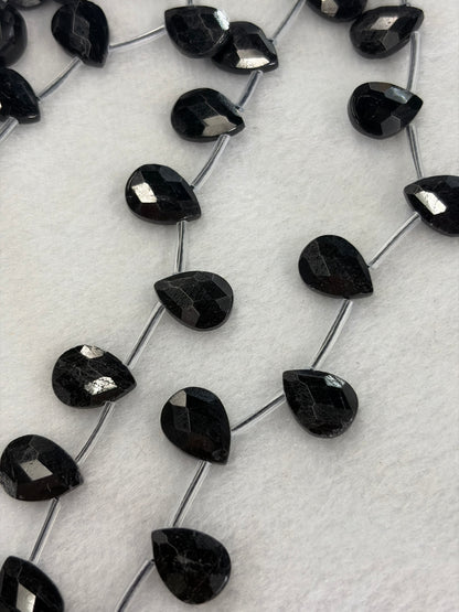 Faceted Black Tourmaline Teardrop Beads