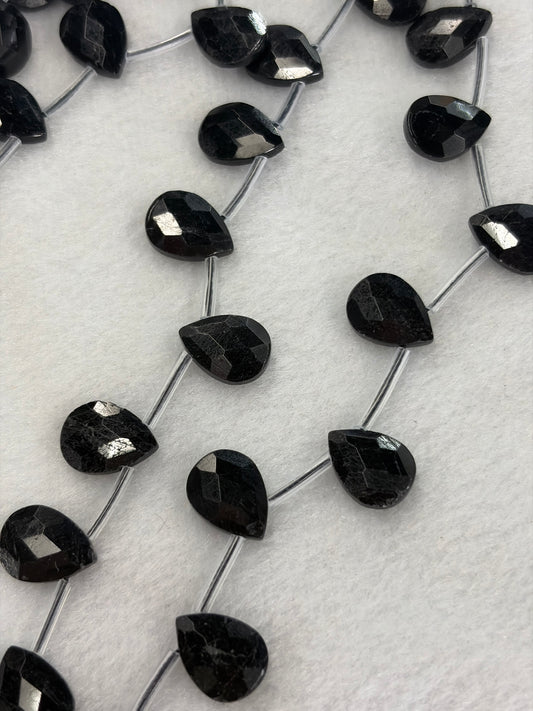 Faceted Black Tourmaline Teardrop Beads