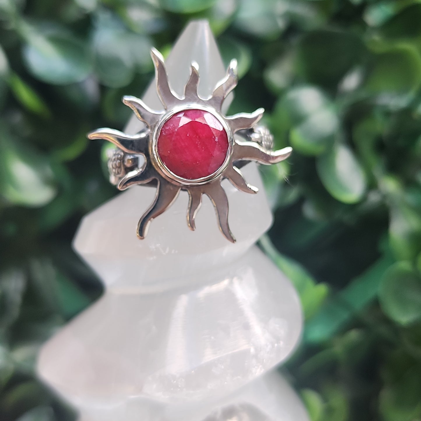 Sterling silver ruby sun ring available at wholesale and retail prices, only at our crystal shop in San Diego!