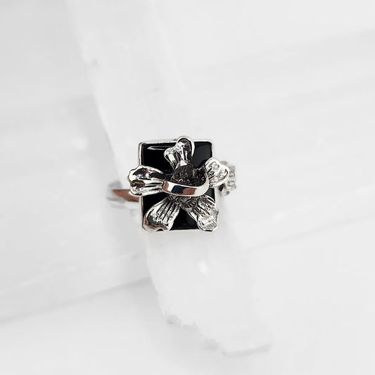 S.S. Shlomo Black Onyx and Herkimer Diamond Flower Rings