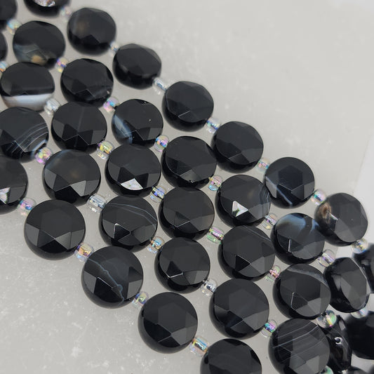 Faceted Black Agate Coin Beads