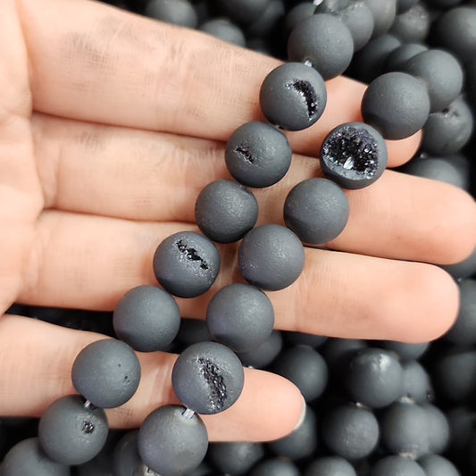 Black Titanium Druzy Agate Matte Beads