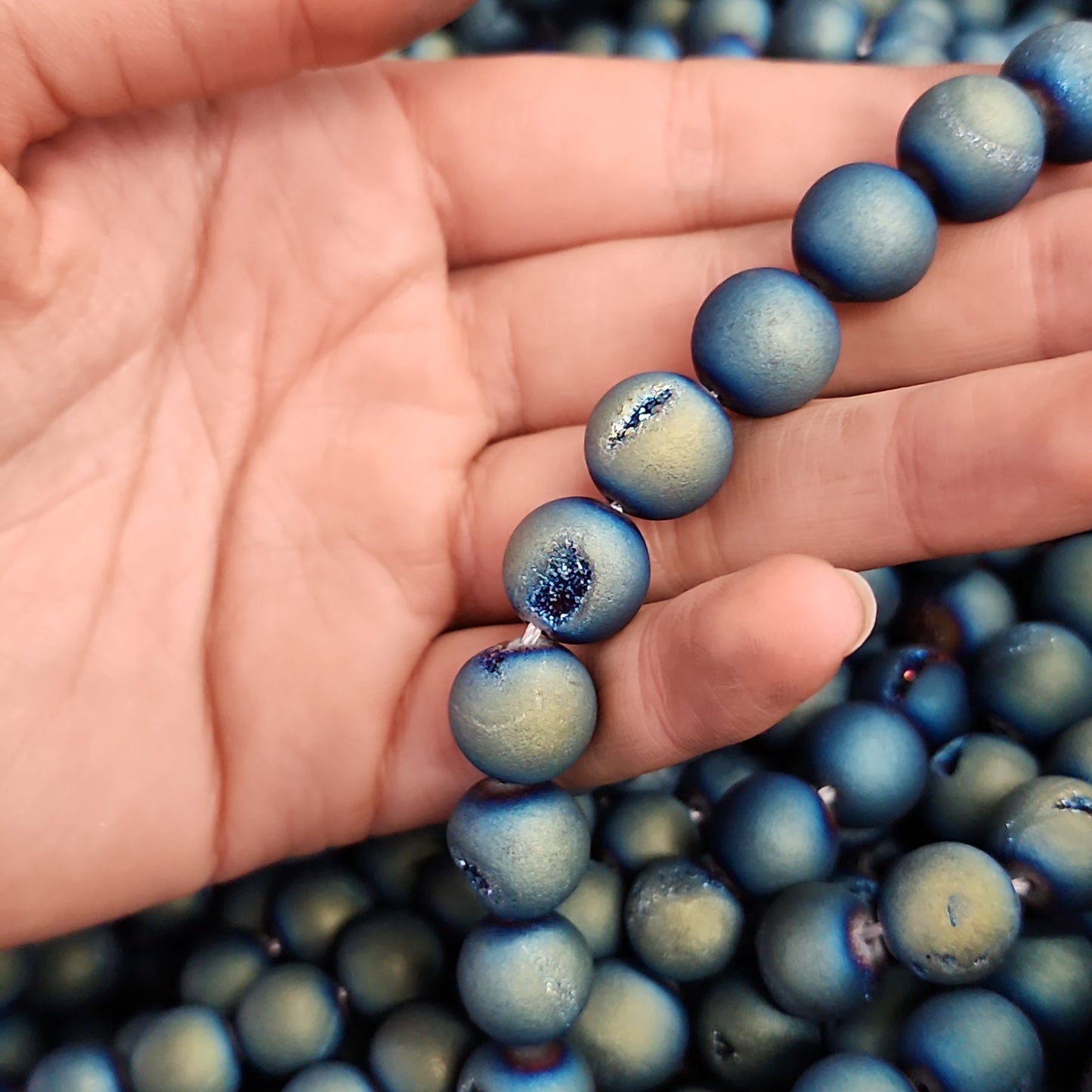 Blue Gold Titanium Druzy Agate Matte Beads