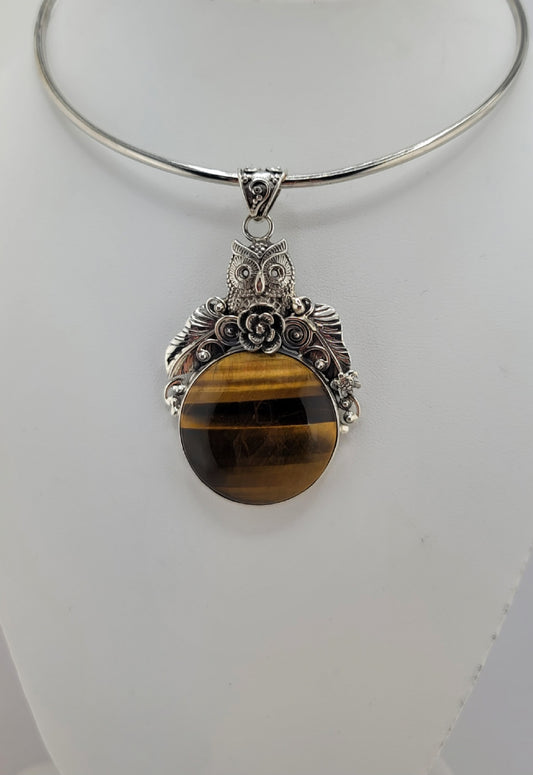 Sterling Silver tiger eye owl pendant designed by Shlomo