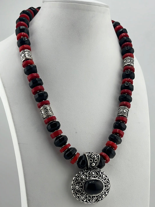 S.S. Obsidian and Coral Necklace