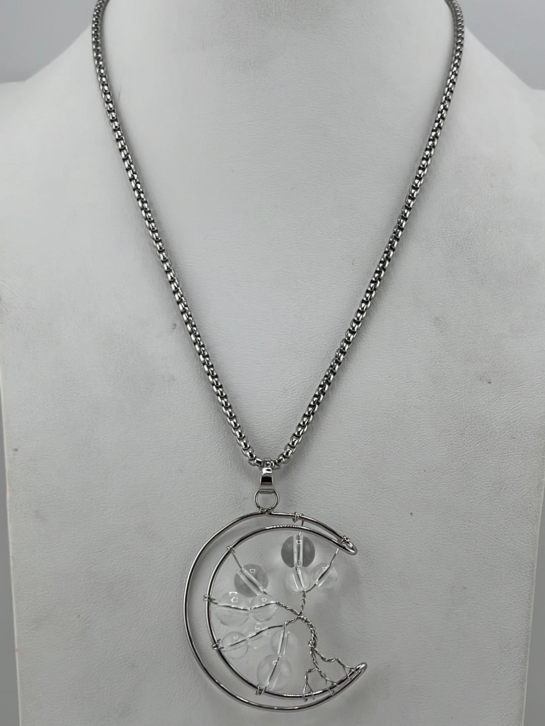 Clear Quartz Tree of Life Crescent Moon Necklaces