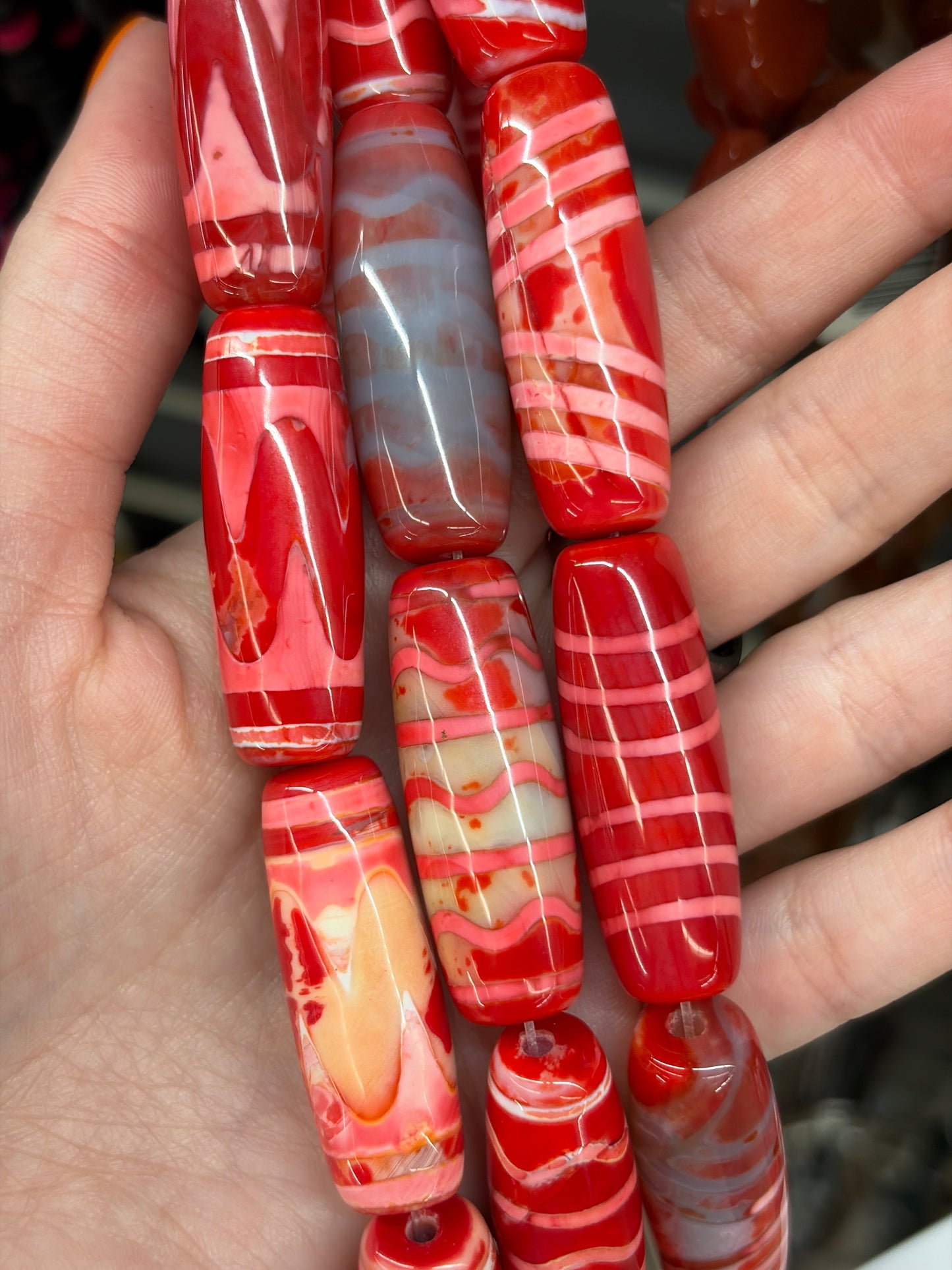 Red Tibetan Agate Barrel Beads