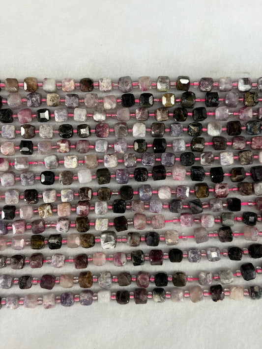 Faceted Multicolor Tourmaline Cube Beads