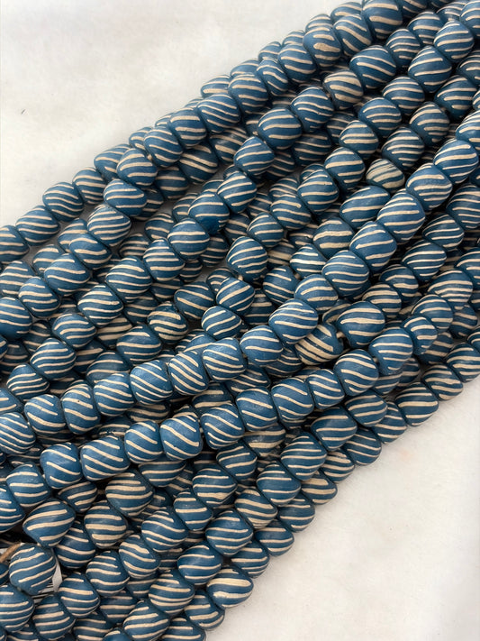 Navy Blue Striped Glass Drum Beads