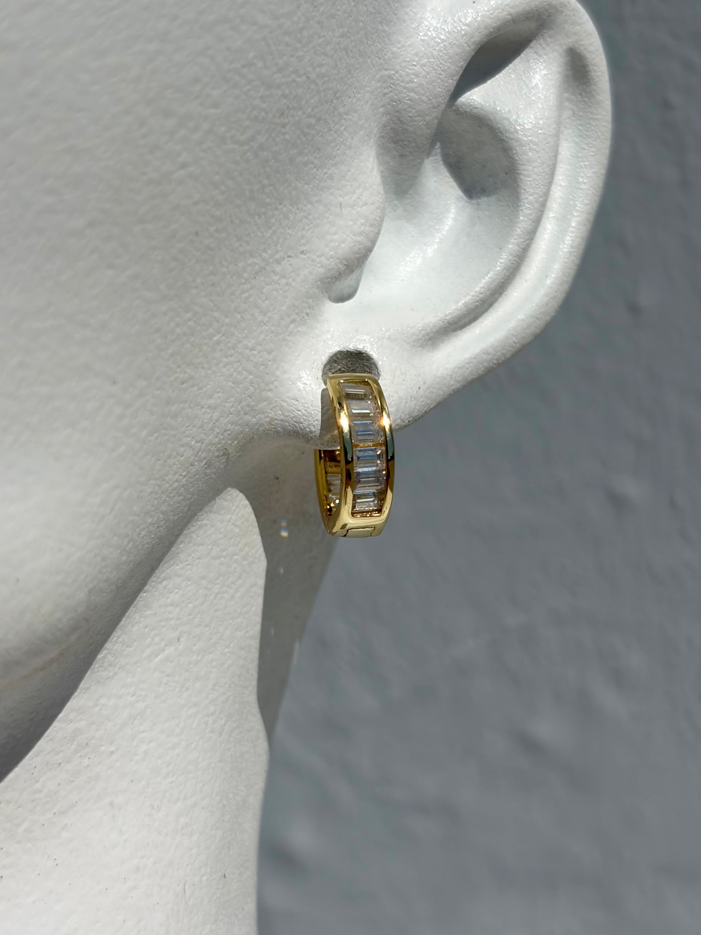 S.S. 14k Gold Plated Moissanite Baguette Channel Huggie Earrings