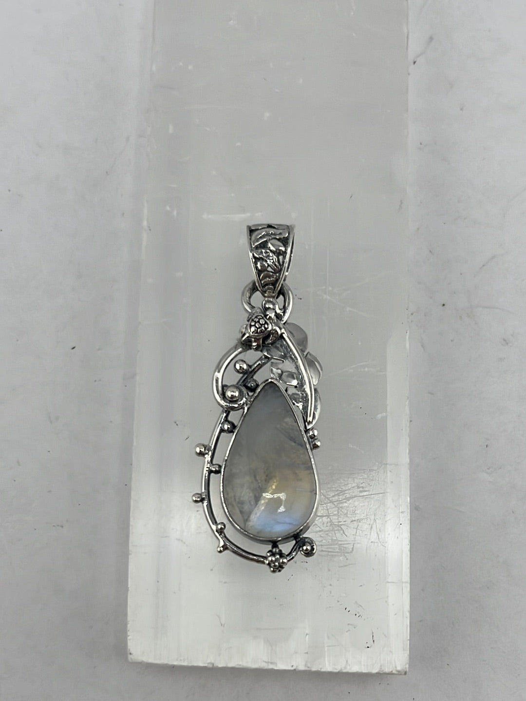 Sterling silver rainbow moonstone pendant designed by Shlomo available at wholesale and retail prices, only at our crystal shop in San Diego!
