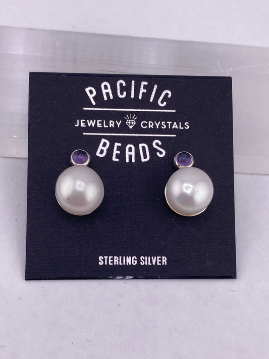 Pearl and Amethyst round studs in sterling silver