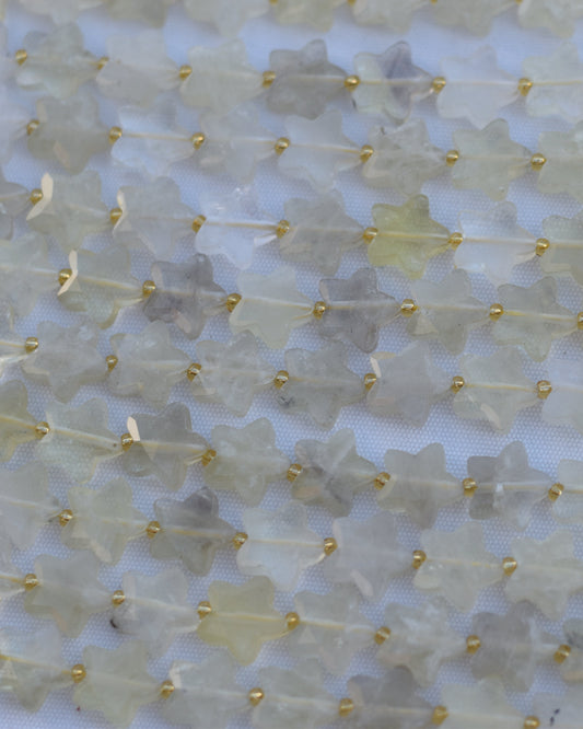 Lemon quartz is carved into star shaped beads and faceted to highlight its natural sunshine yellow surface. Lemon quartz is said to be a stone for improving confidence.
14mm

Check out our crystal shop in San Diego with lemon quartz beads and findings in sterling silver, gold, and more!
At Pacific Beads, we carry stones in a wide variety of forms. Find lemon quartz beads, lemon quartz carvings, and designer lemon quartz jewelry so that you can enjoy its healing properties in the way that best suits you and 