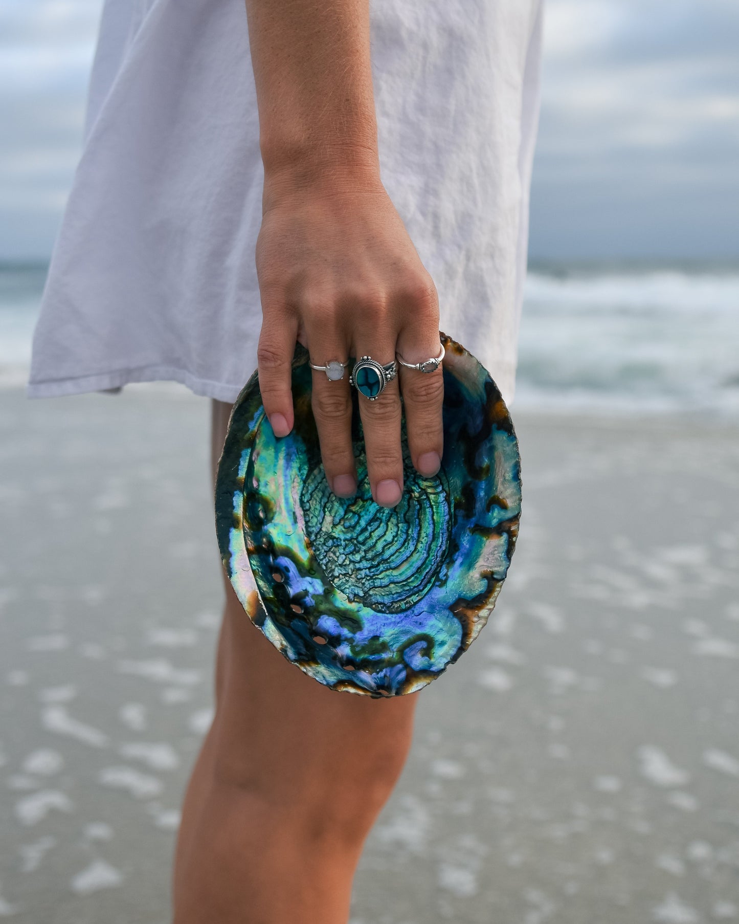 S.S. Adjustable Abalone 'Neptune's Glow' Rings