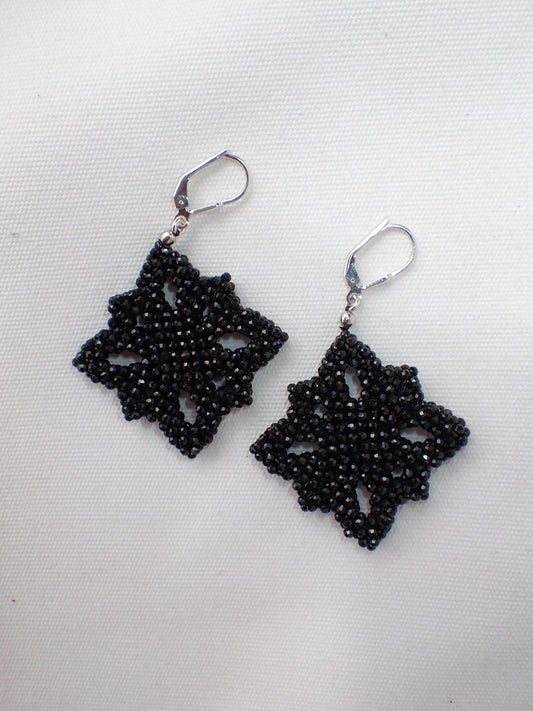 S.S. Faceted Black Spinel Beaded Flower Earrings