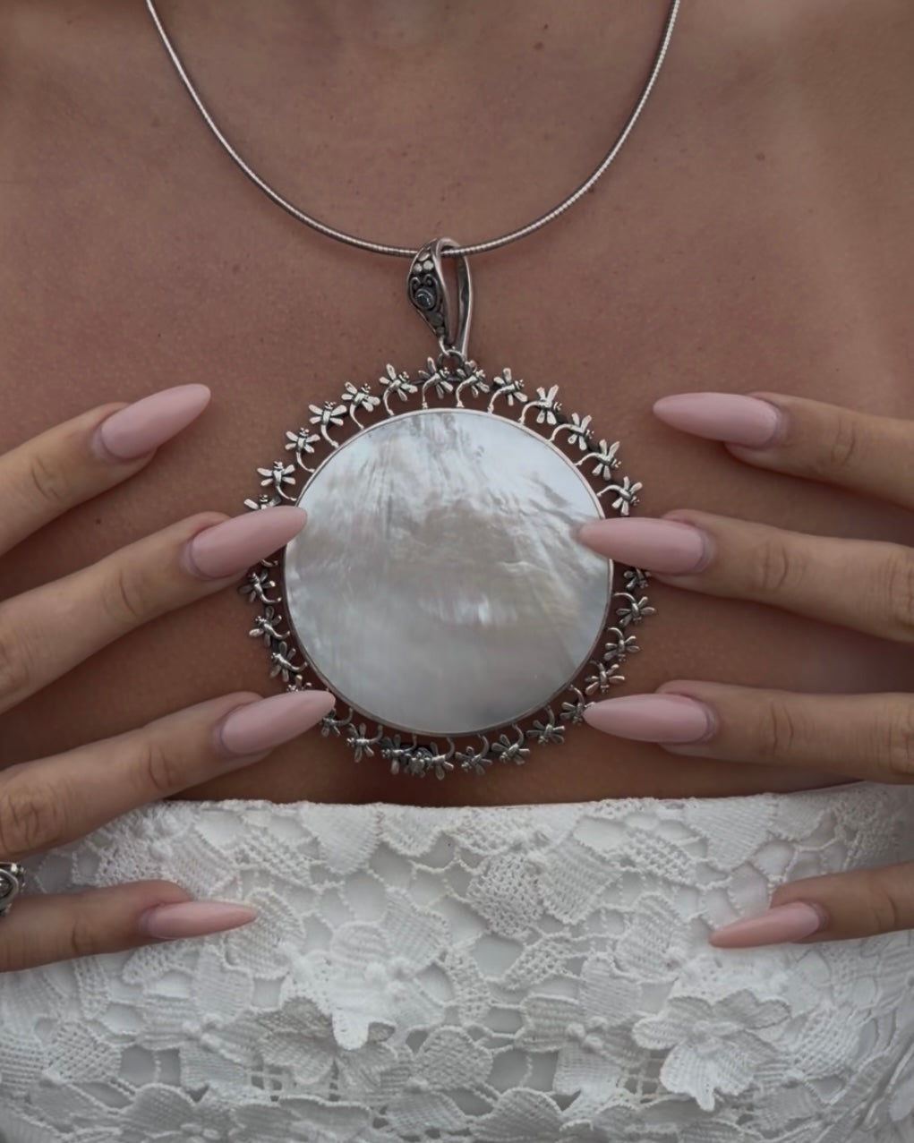 S.S. Shlomo Mother of Pearl Dragonfly Circle Pendant