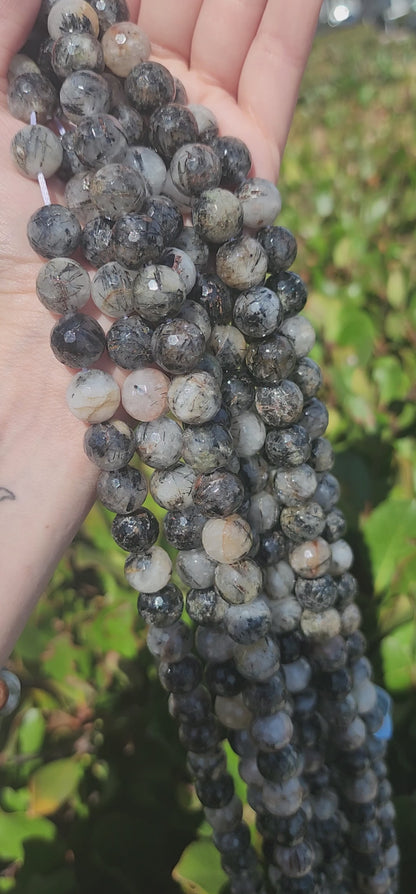 Faceted Black Rutilated Quartz Beads
