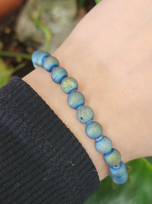 Blue and Gold Druzy Agate Stretch Bracelets 6mm
