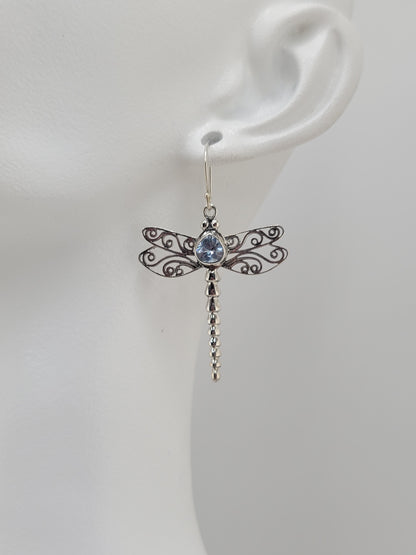 S.S. Blue Topaz Dragonfly Drop Earrings