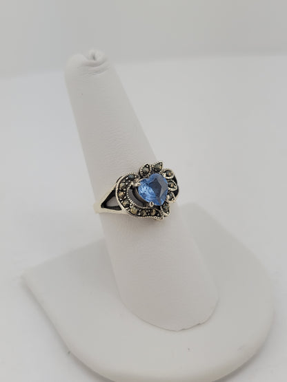 S.S. Blue Topaz and Marcasite Heart Rings