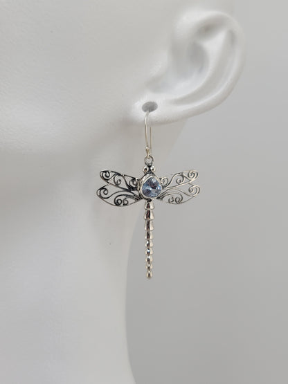 S.S. Blue Topaz Dragonfly Drop Earrings