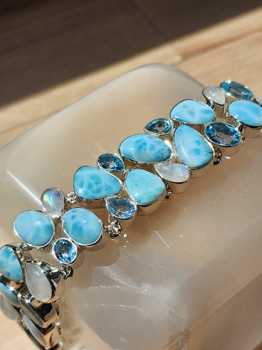 S.S. Larimar, Topaz, and Rainbow Moonstone Bracelet