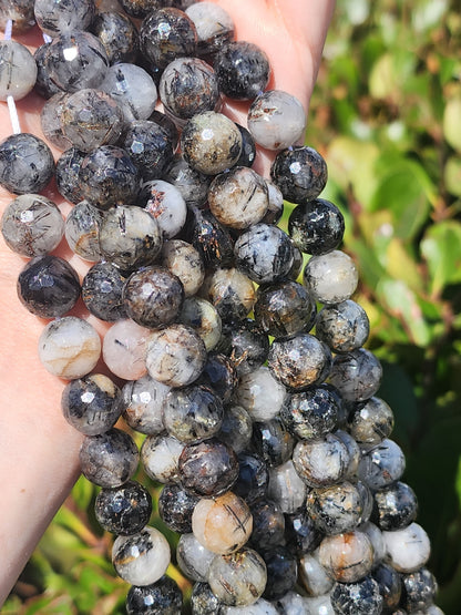 Faceted Black Rutilated Quartz Beads