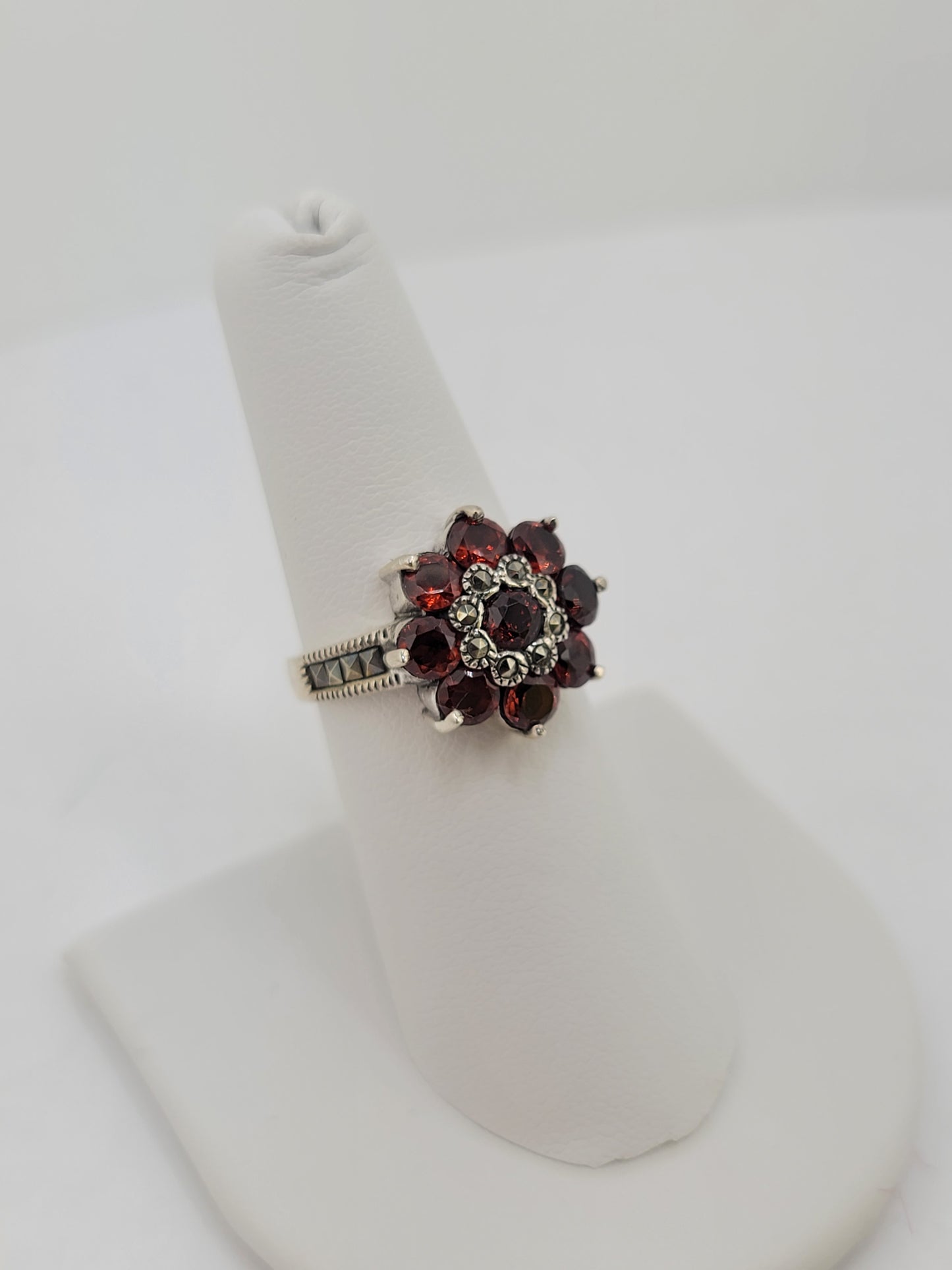 S.S. Garnet and Marcasite Poinsettia Rings