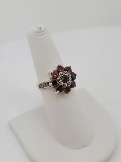 S.S. Garnet and Marcasite Poinsettia Rings